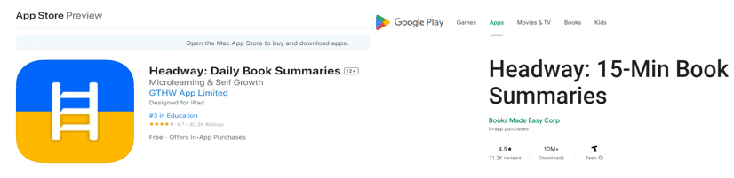 Headway App - Apple App Store / Google Play reviews