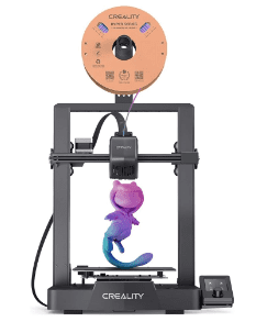Gradient purple-to-blue figurine being printed on the Creality Ender 3 V3 SE 3D printer, an ideal candidate for the best 3D printer for beginners due to its ease of use and high-quality results
